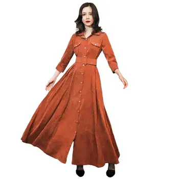 

Women Autumn Winter Vintage Turn-Down Collar Corduroy Shirt Long Dress Female High Waist Pleated Dress Vestidos With Sashes V488