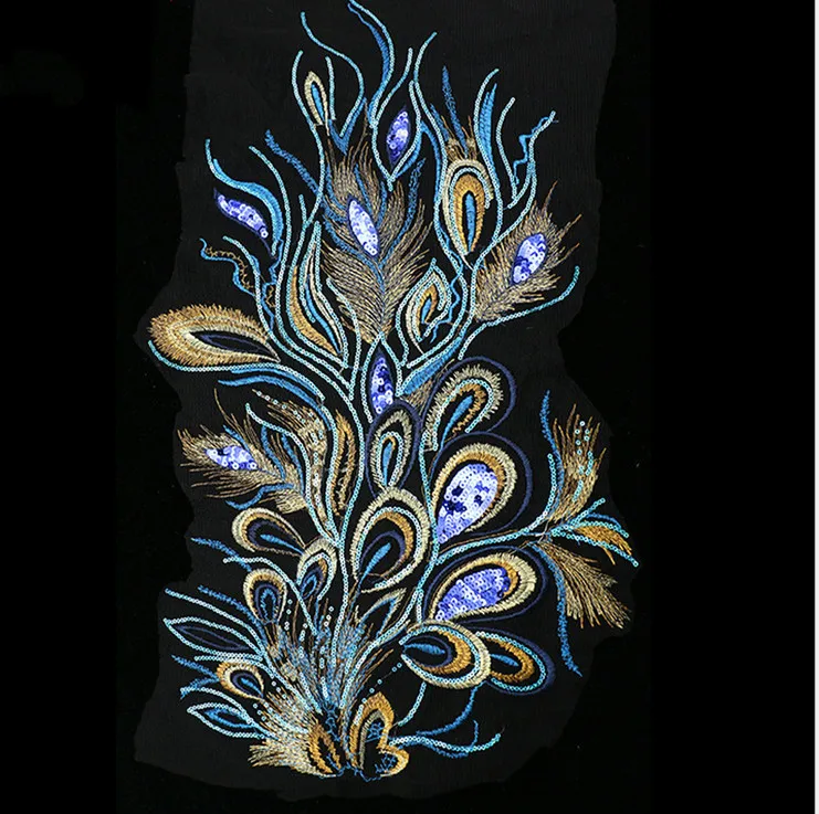 2Pcs Embroidery phoenix tail feather lace patch applique sequins lace fabric wedding dress