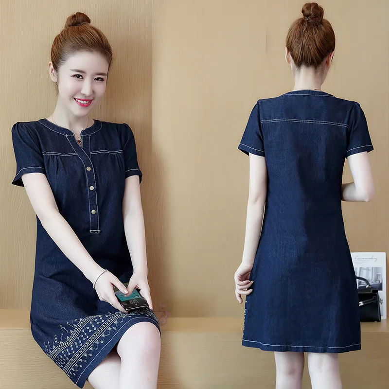 Summer New Women Denim Dress Embroidered Casual Jeans Sexy Short-Sleeve O Neck Slim A Line Denim Dress Female Plus size S-5XL