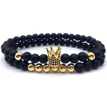 

2pcs/set Crown Men Bracelet New Fashion Copper Charm Stone Bead Bracelet For Men Women Jewelry Gifts