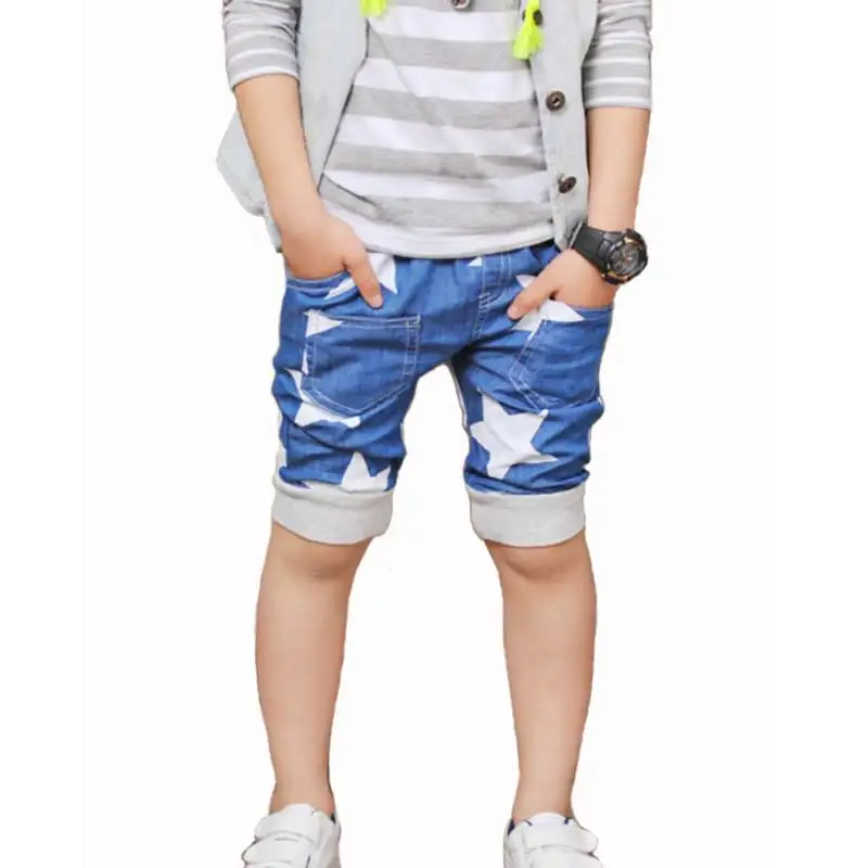 Children Elastic Waist Harem Pants Knee Length Cotton Star Print Denim
