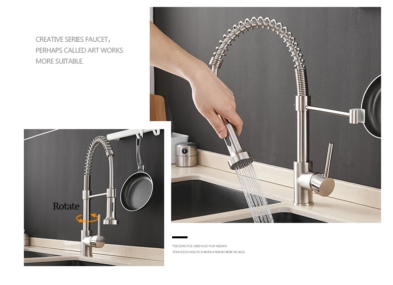 Kitchen Faucets Brush Brass Faucets for Kitchen Sink  Single Lever Pull Out Spring Spout Mixers Tap Hot Cold Water Crane 9009 stone kitchen sink