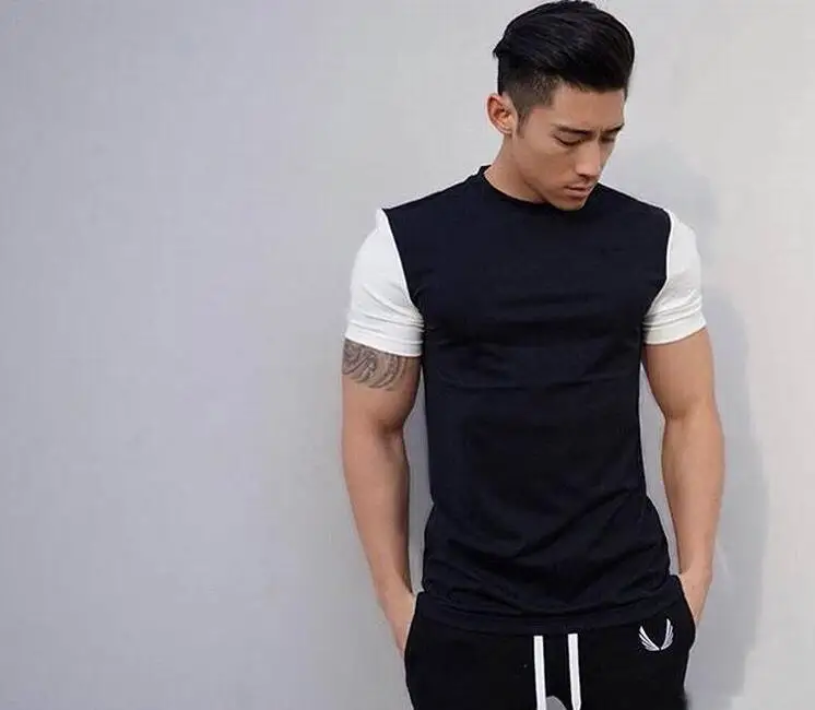 

Free shipping Men's T-shirt Color matching with short sleeves Sexy gym clothes