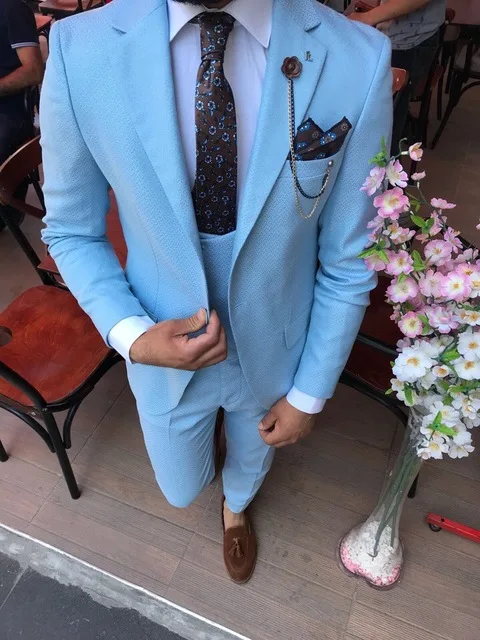

Men's wedding dress custom sky blue Slim fit suit wedding men's best men's suit jacket pants vest 3 pieces business