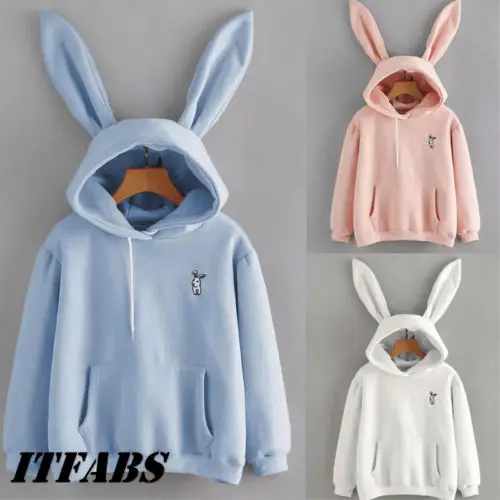 Осенняя Женская толстовка с заячьими ушками для девочек Kawaii капюшоном и длинными