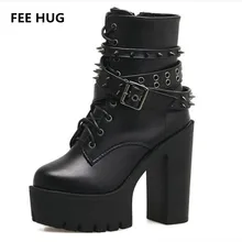 FEE HUG Fashion Rivet Bucklet Women’s Boots Pu Leather Platform Thick Heel Martin Boots Ladies Short Mid-Calf Winter Shoes