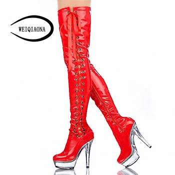 

WEIQIAONA size 34-46 Women Sexy High Heel Boots Cross Strap thigh high Boots high heels crystal waterproof platform Dance Shoes