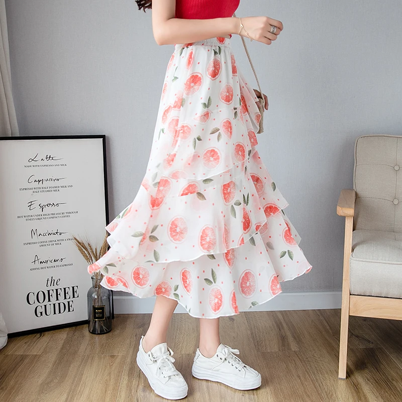 Women skirts 2019 summer Female chiffon floral skirt cake skirt skirts wild temperament ruffle skirts Women skirts 2019 summer Female chiffon floral skirt cake skirt skirts wild temperament ruffle skirts