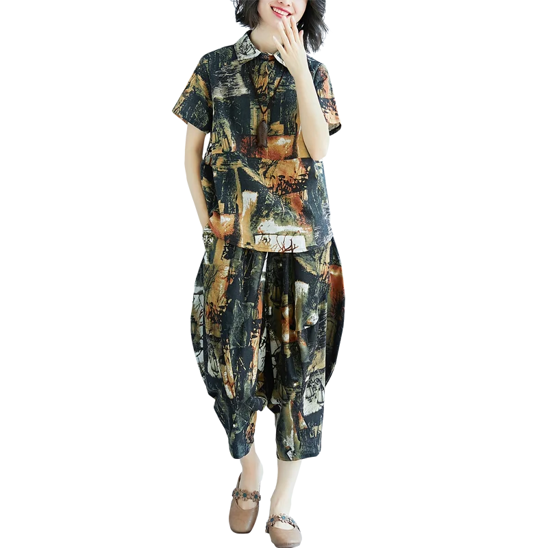 2019 Summer New Two-Piece Sets Vintage Printed Cotton and Linen Suit Loose Short Sleeve Top Pants Fashion Plus size Female |
