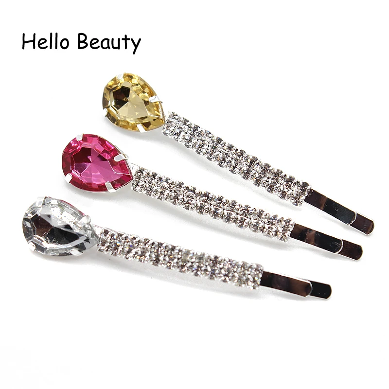 1 Pair Water Drop Silver Stone Korea Hair Clips Luxury Pink Crystal