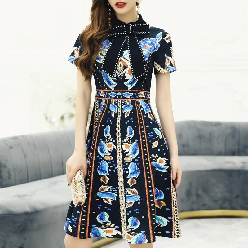 

Luxury Designer Women Vintage Lapel Collar Floral Printing Dresses Fashion Short Sleeve Casual Black Midi Party A-Line Dress