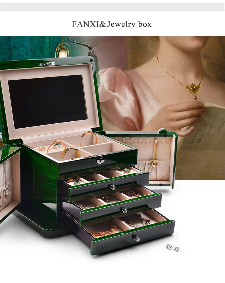 FANXI Solid Wooden Jewelry Box Four Layer Ring Earring Box Case Drawer Jewelry Storage Box with Make Glass