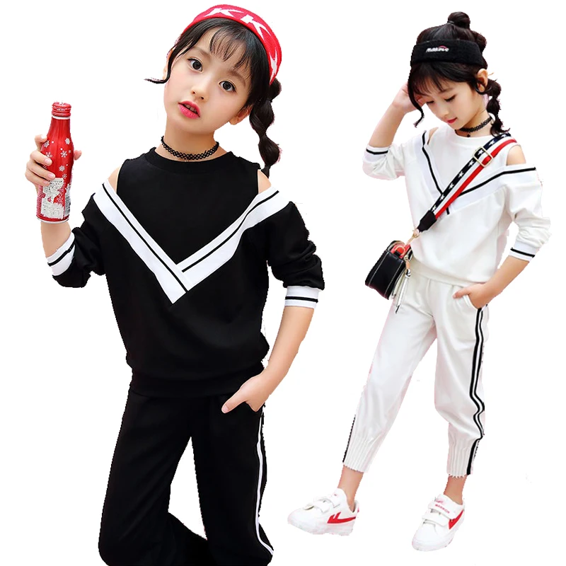

Spring Autum baby girls sweatshirt + pants 2 pcs set kids tracksuit children workout clothes v neck off shoulder 4 to 12 yrs