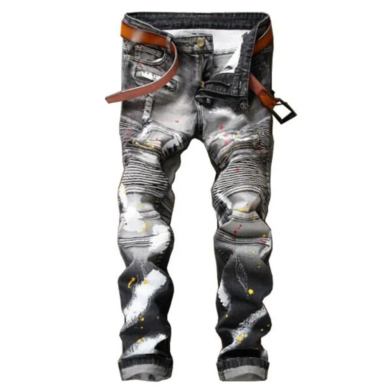 

ABOORUN 2016 Mens Skinny Ripped Biker Jeans European Distressed Ink Printing Straight Jeans P6035