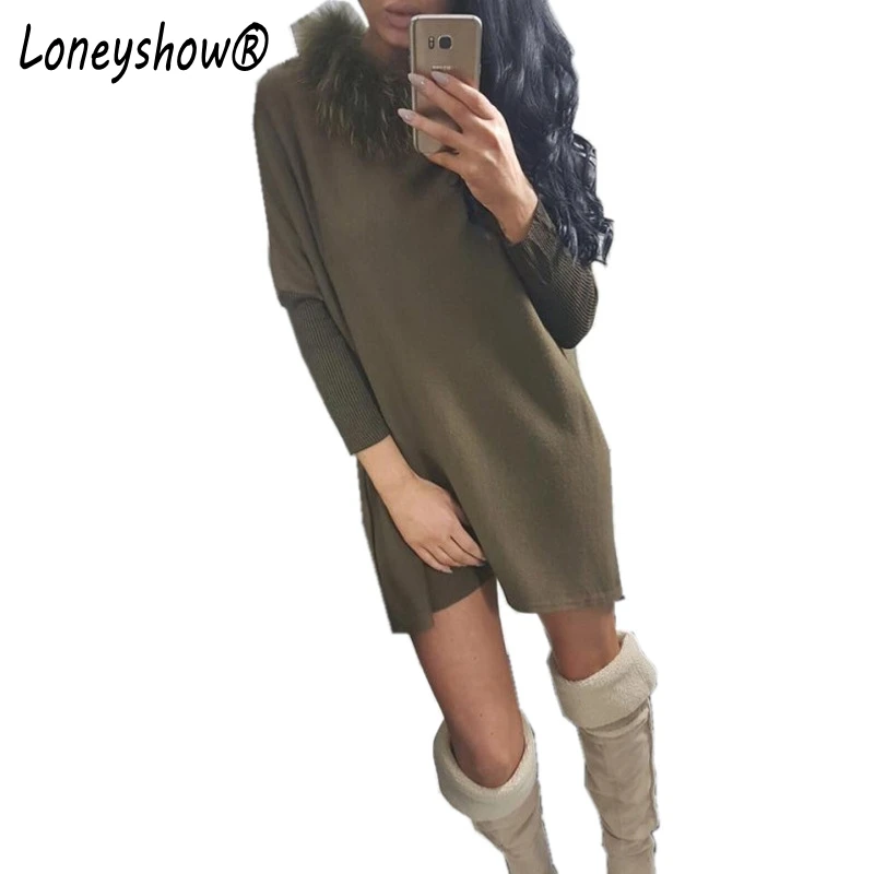 

2017 Knitted Autumn Winter Women Patchwork Vestido Dress Detachable Fur Neck Mini Dress Long Sweater Loose Batwing Sleeve Dress