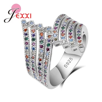 

925 Sterling Silver Rings Multi-Colour Zircon Wedding Enagement Party Fanshaped Cute Style For Women Girl Gift Romantic