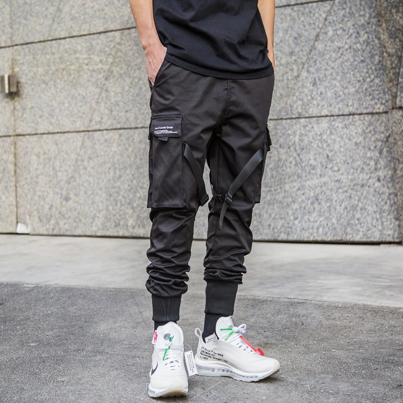 

Good quality men black ribbons multi pockets cargo pants street punk hip hop joggers man vintage slim tactical sweatpants