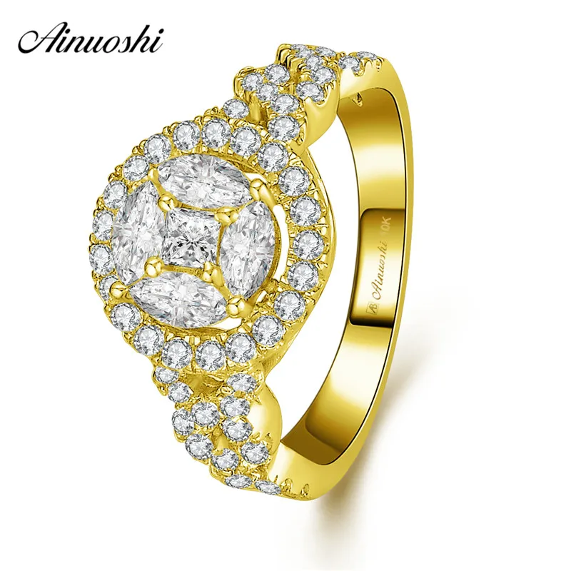 

AINUOSHI 10k Solid Yellow Gold Halo Ring Wedding Engagement Jewelry Exquisite Weaving Bridal Band Twisted Shinning Hollowed Ring