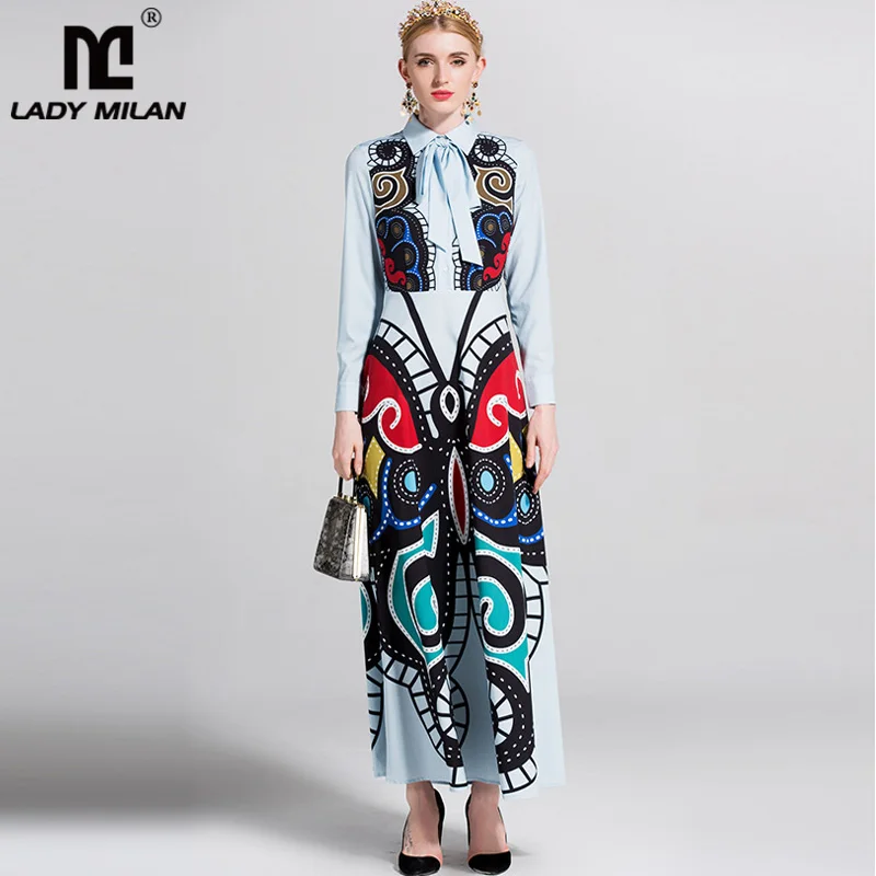 

New Arrival 2019 Women's Turn Down Collar Long Sleeves Sash Belt Printed Elegant Long Designer Runway Dresses