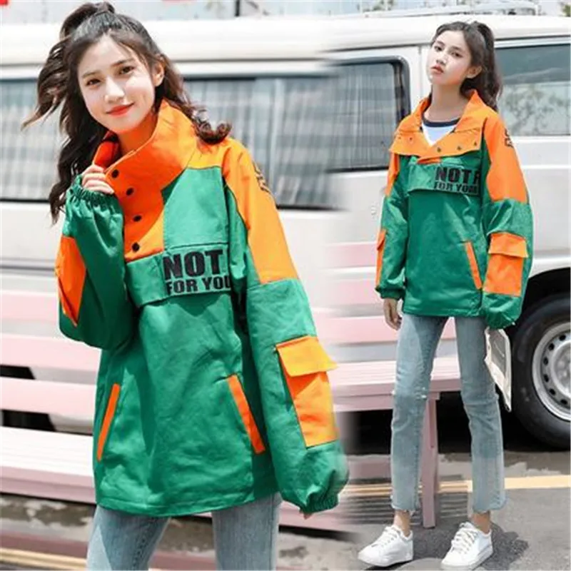 

New Color Block Spliced Jacket For Woman Harajuku Windbreaker Coat female Casual Lapel Standing collar Fall Women Jacket V709