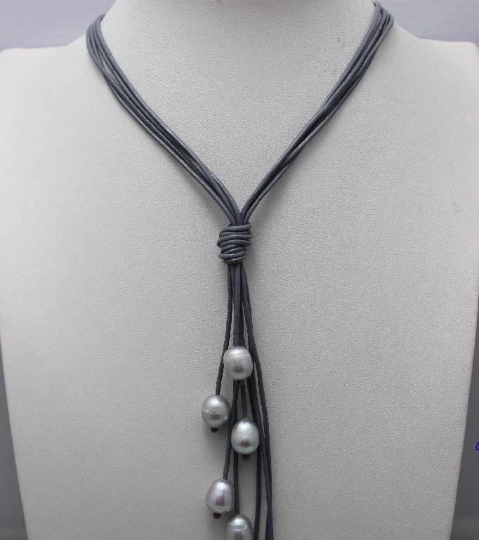 

8bead gray Genuine Leather gray Freshwater Pearl Necklace20 Beauty no metal a(5.18)