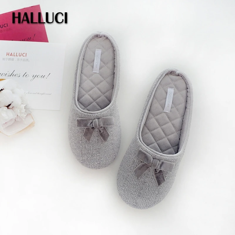 

HALLUCI Velvet home slippers for women shoes bowknot mules female sandals zapatos mujer simple soft ladies indoor platform shoes