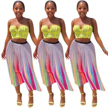 Горячая Распродажа летняя женская мода Радужная полосатая плиссированная юбка