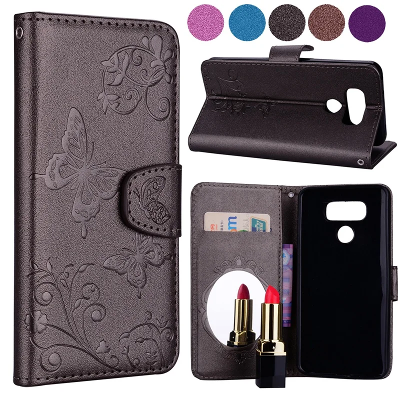 

2018 Butterfly Flower Leather Flip Wallet Phone Case For LG G5 G6 Fashion Stand Card Holder Lady Makeup Mirror Cover