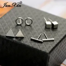 JUNXIN, геометрические маленькие серьги-гвоздики для женщин и мужчин, серебряные, золотые, черные, металлические треугольные квадратные серьги, набор, женские, мужские шпильки