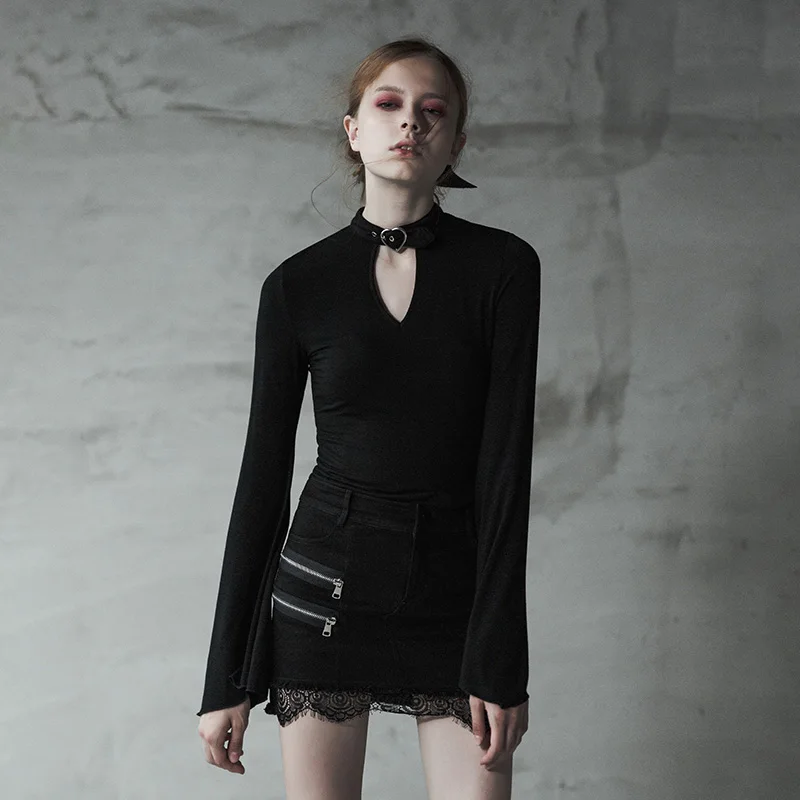 

PUNK RAVE New Girls Long-sleeve T-shirt Female Trumpet Sleeve Punk T-shirt Casual Round Neck Personality Black Gothic T-shirt