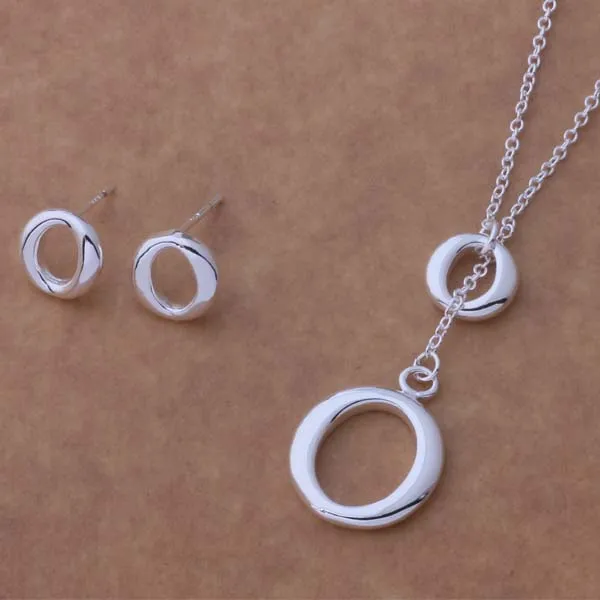 

2016 Fashion Jewelry Set Silver Hollow Round Necklace&Earrings&Ring Set AT098-099