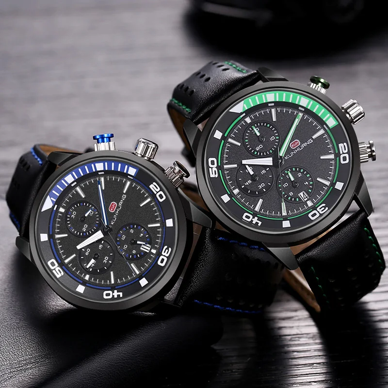 

43mm Men Watches Top Luxury Brand Waterproof Sport Watch Relogio Masculino Chronograph Quartz Military Leather Wrist