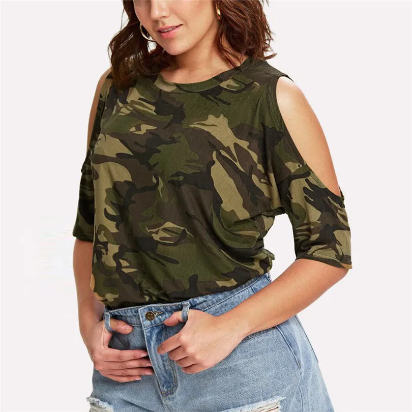 

KWAN_Fashion Camouflage Women Casual O-Neck Plus Size Camouflage Tops T-Shirts Strapless female gothic punk top tops tees 4XL #