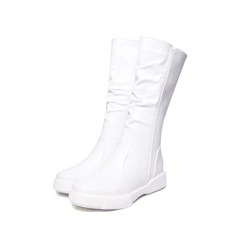EGONERY ботинки до середины икры на плюшевой подкладке; сезон зима-весна; женская брендовая обувь с круглым носком на молнии в европейском стиле; Цвет черный, белый; женские зимние ботинки - Цвет: white