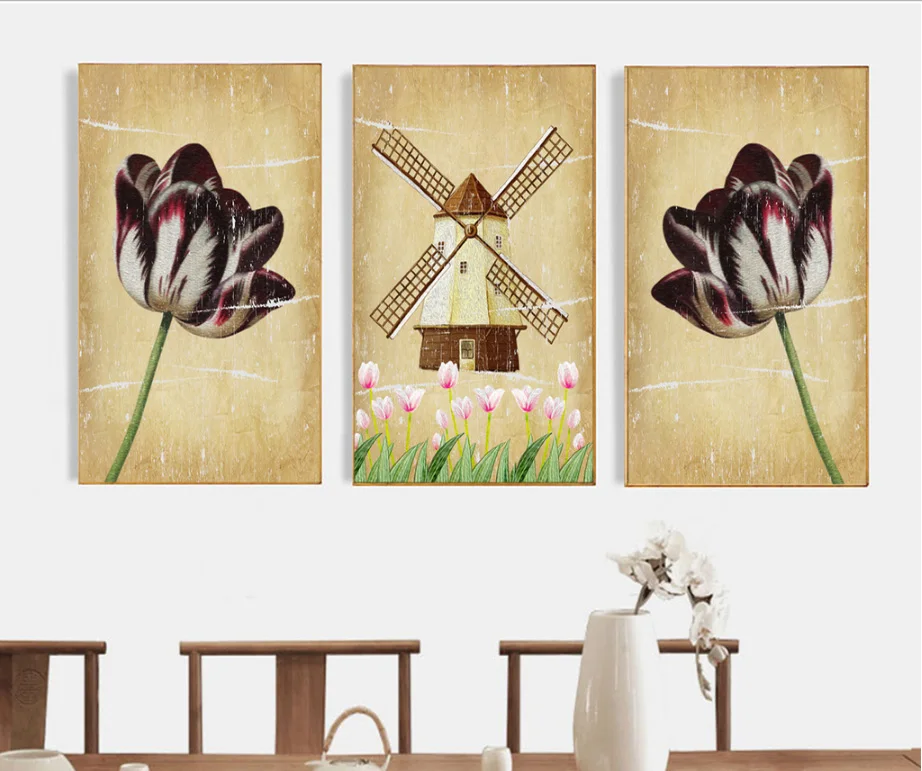 

European style retro flower oil painting frameless paintings 3 pieces decoration for living room wall art