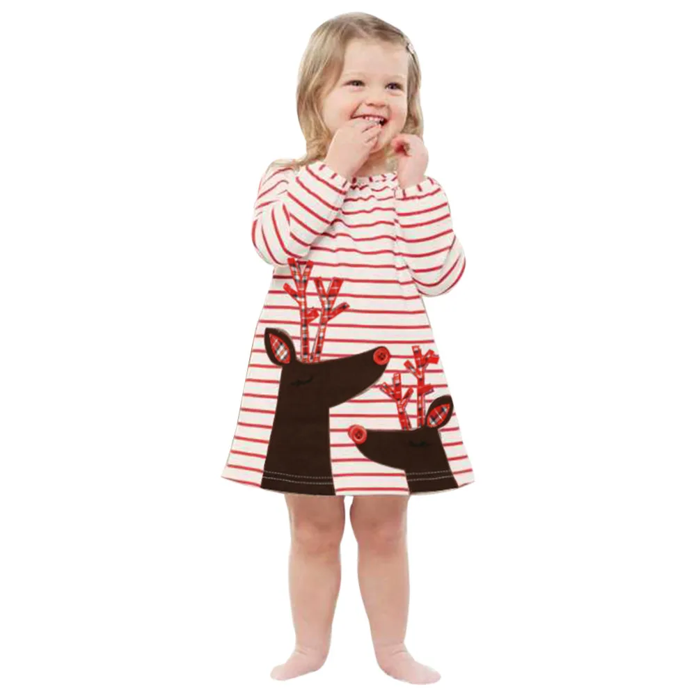 Дети платье для маленькой девочки Рождество Олень в полоску платье принцессы Рождество детские одежда для девочек Платья для маленьких