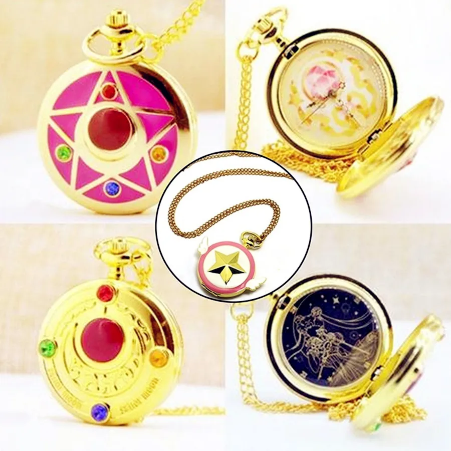 

4 Style Luxury Golden Fashion Sailor Moon Anime Cartoons Quartz Pocket Watch Analog Pendant Necklace Girl Womens Watches Gift