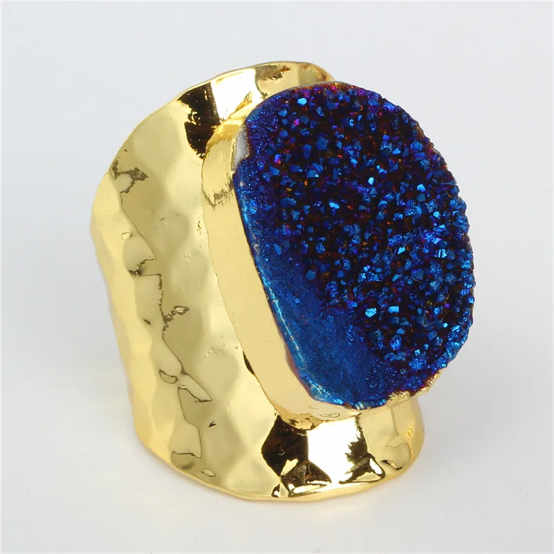 

Luxury Dark Royal Blue Rough Raw Druzy Crystal Semi Precious Stone Gold Color Hammered Adjustable Open Ring Cuff For Women