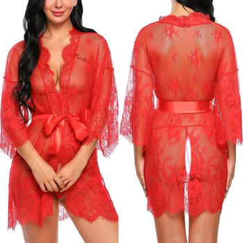Sexy Women Lingerie Lace Night Dress Sleepwear Nightgown Bandage Deep V G String See Through