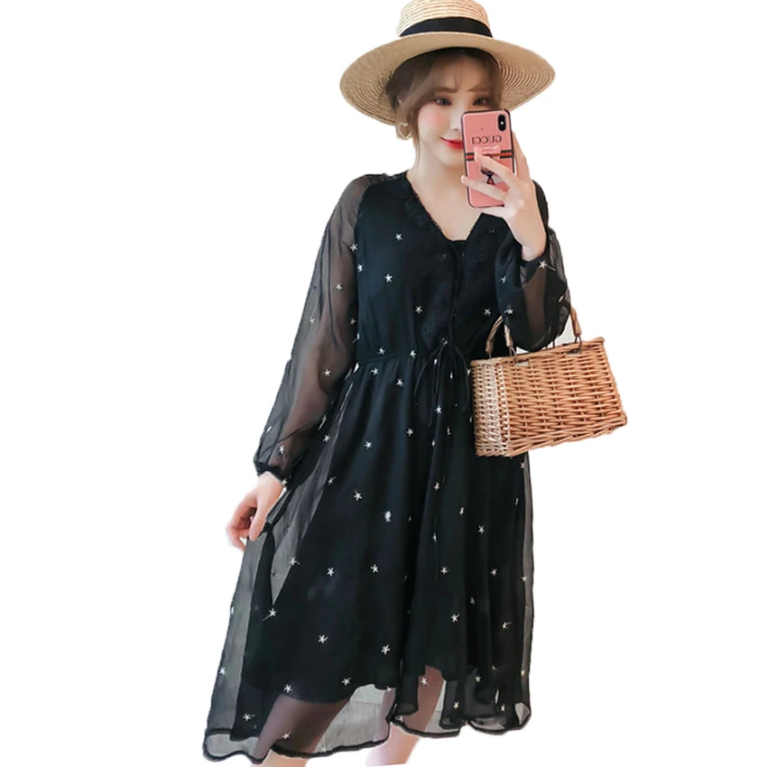 

WAEOLSA Women Chic Chiffon Dresses Small Star Pattern Dress Woman Black V-neck Robe Femme Elastic Waist Crepe Vestidos 2019 Wear