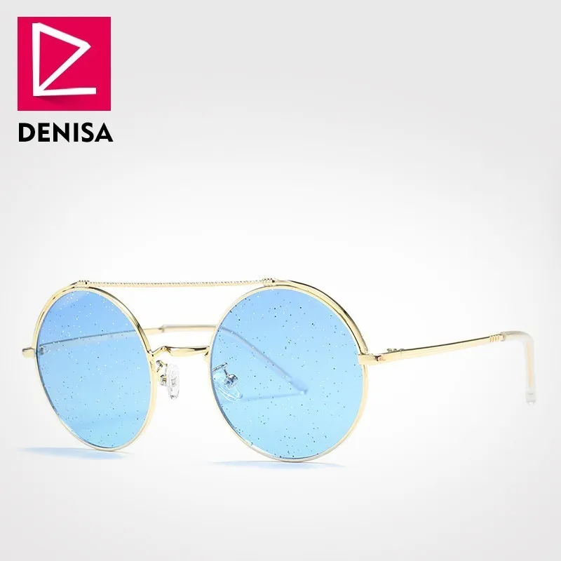 DENISA блестки круглые очки Солнцезащитные очки женские/мужские модные яркие прозрачные стекла, винтажные очки UV400 lentes de sol mujer G23042 - Цвет линз: Blue Sunglasses