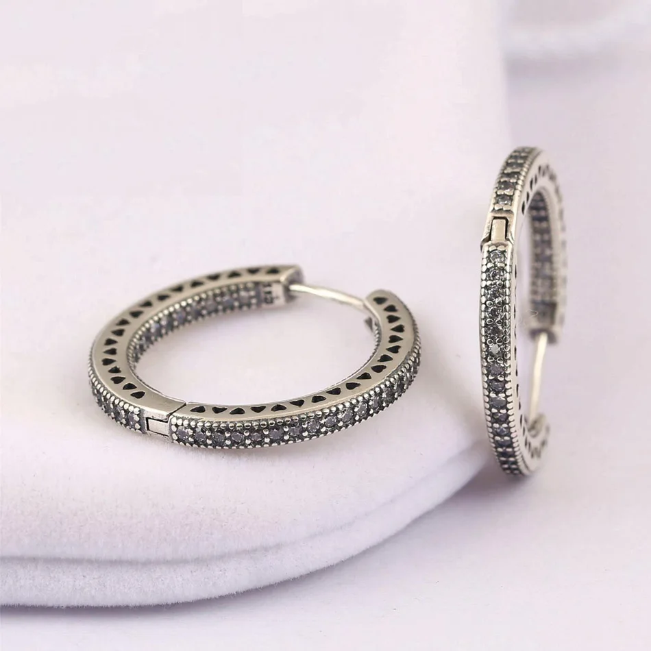 

Authentic 925 Silver Earring For Women Love Hearts Hoop Earrings Pave Crystals Girl Gift fit Lady Jewelry