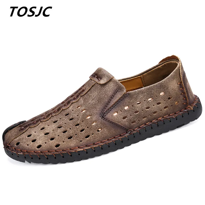 

TOSJC Man Summer Casual Shoes Falt Sandals Leather Hole Shoes Casual Office Shoes Outdoor Black Color Male Footwear