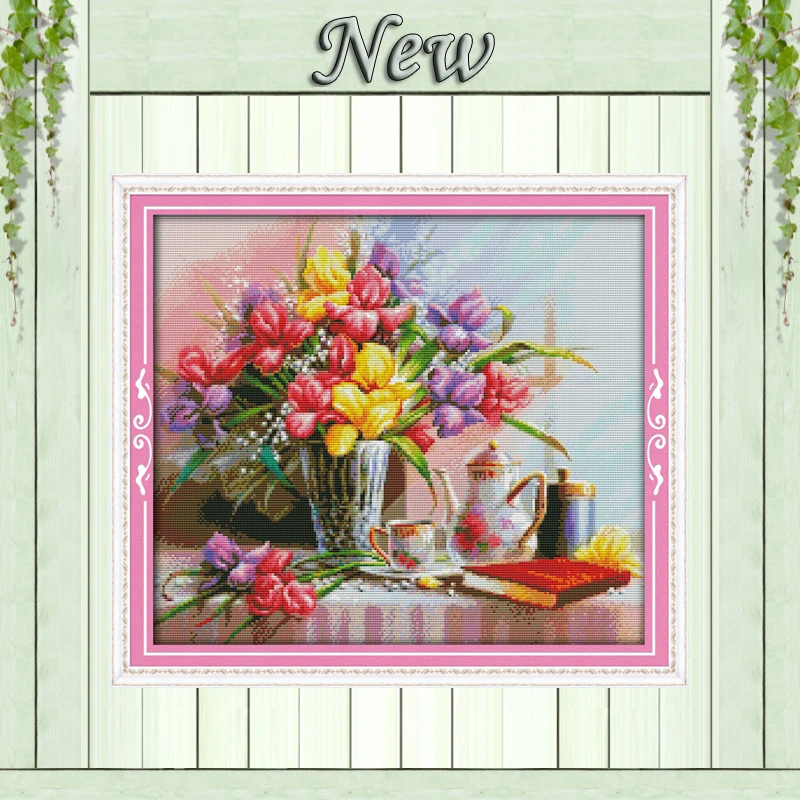 

Beautiful flowers table vase 11CT patterns printed on canvas 14CT needlework diy dmc cross stitch chinese Sets Embroidery kits