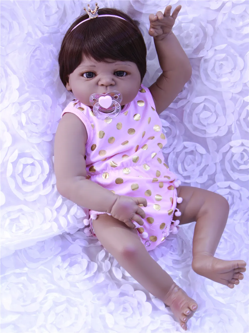 

Super cute black skin baby girl doll wearing pink clothes toy 55cm non-toxic full Silicone Reborn Baby Dolls Children's gift