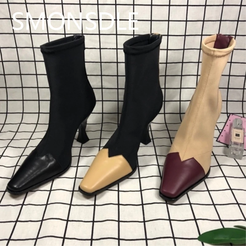 

2018 Spring Summer Genuine Leather Women Boots Square Toe Strange Heels Back Zipper Mixed Color Shoes Woman Ladies Fashion Boots