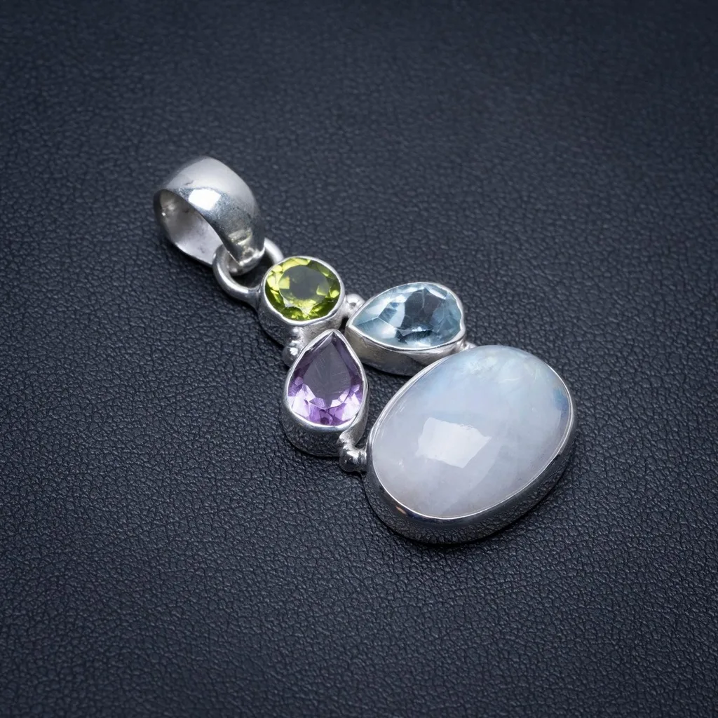 

Natural Rainbow Moonstone,Blue Topaz,Amethyst and Peridot 925 Sterling Silver Pendant 1 1/2" S1169
