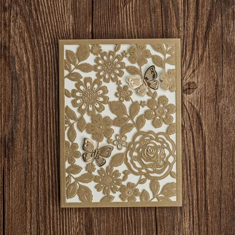 Personalized Gorgeous Laser cut 3D Flora  butterfly Design Wedding Invitation gold color