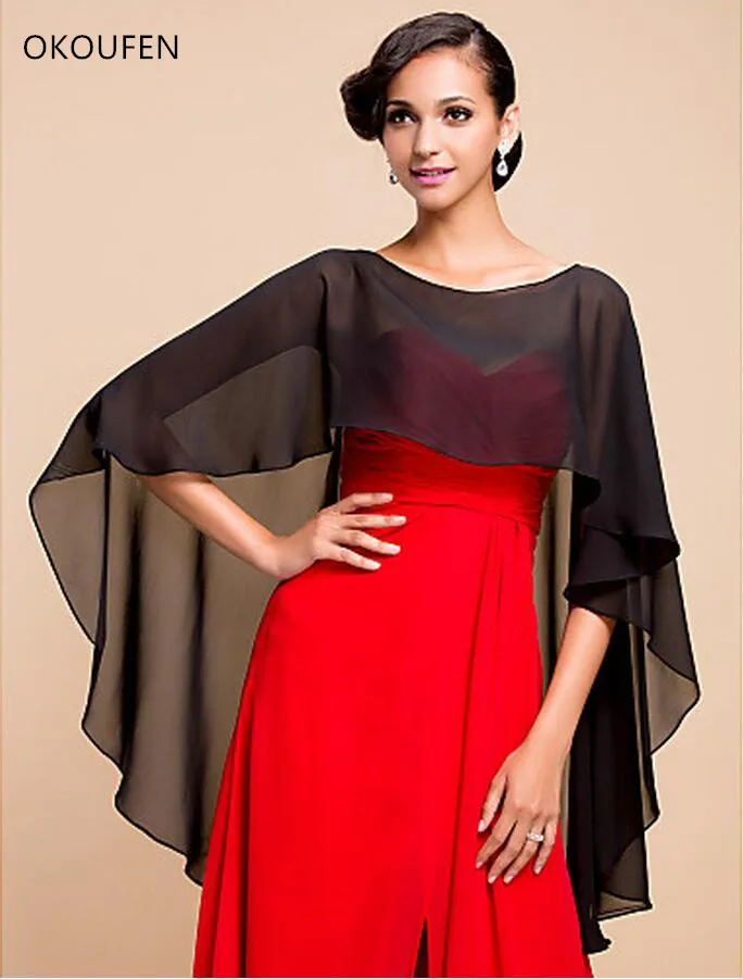 

Wedding Bolero Women Bridal Capes Chiffon Black Red Blue chaqueta mujer Short Cloak Asymmetric Jackets Wraps Wedding Accessories