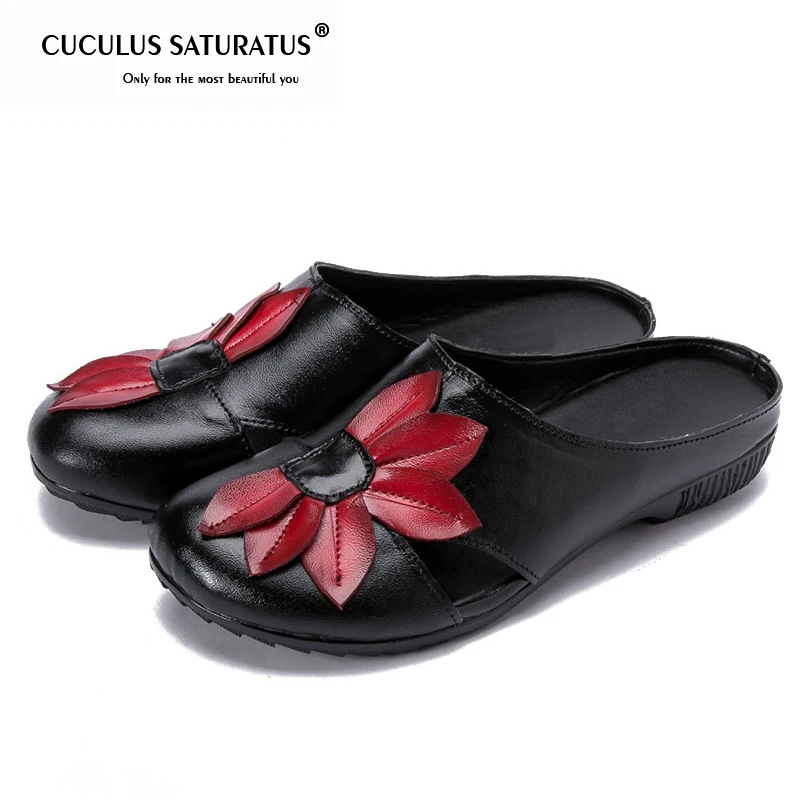 

Cuculus 2019 Summer Leather Women Slippers Cover Toes Handmade Flower Vintage Style Women Slides Flat with Shoes 1877